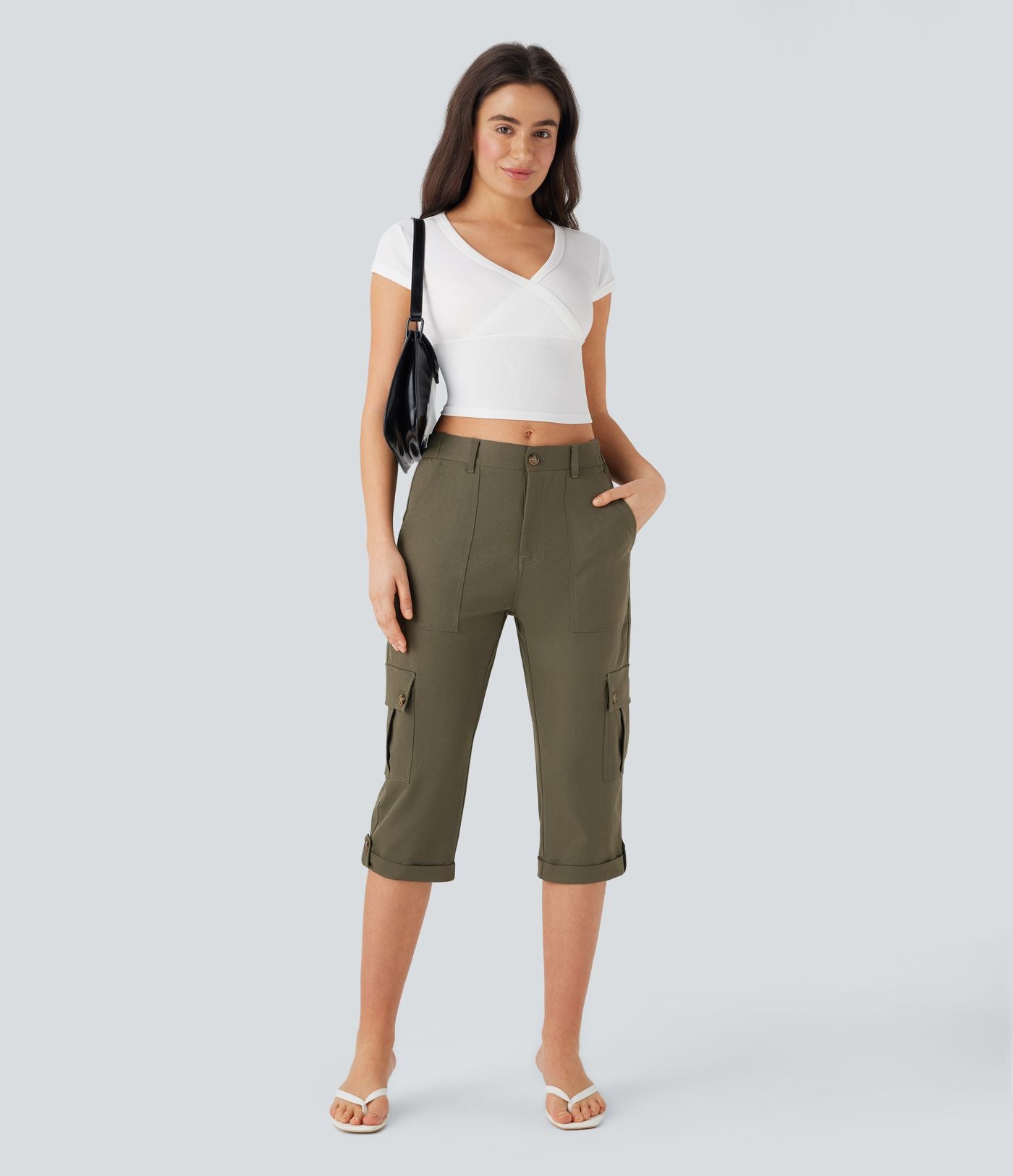 Pantalon cargo décontracté taille moyenne à ourlet roulé avec poches à rabat