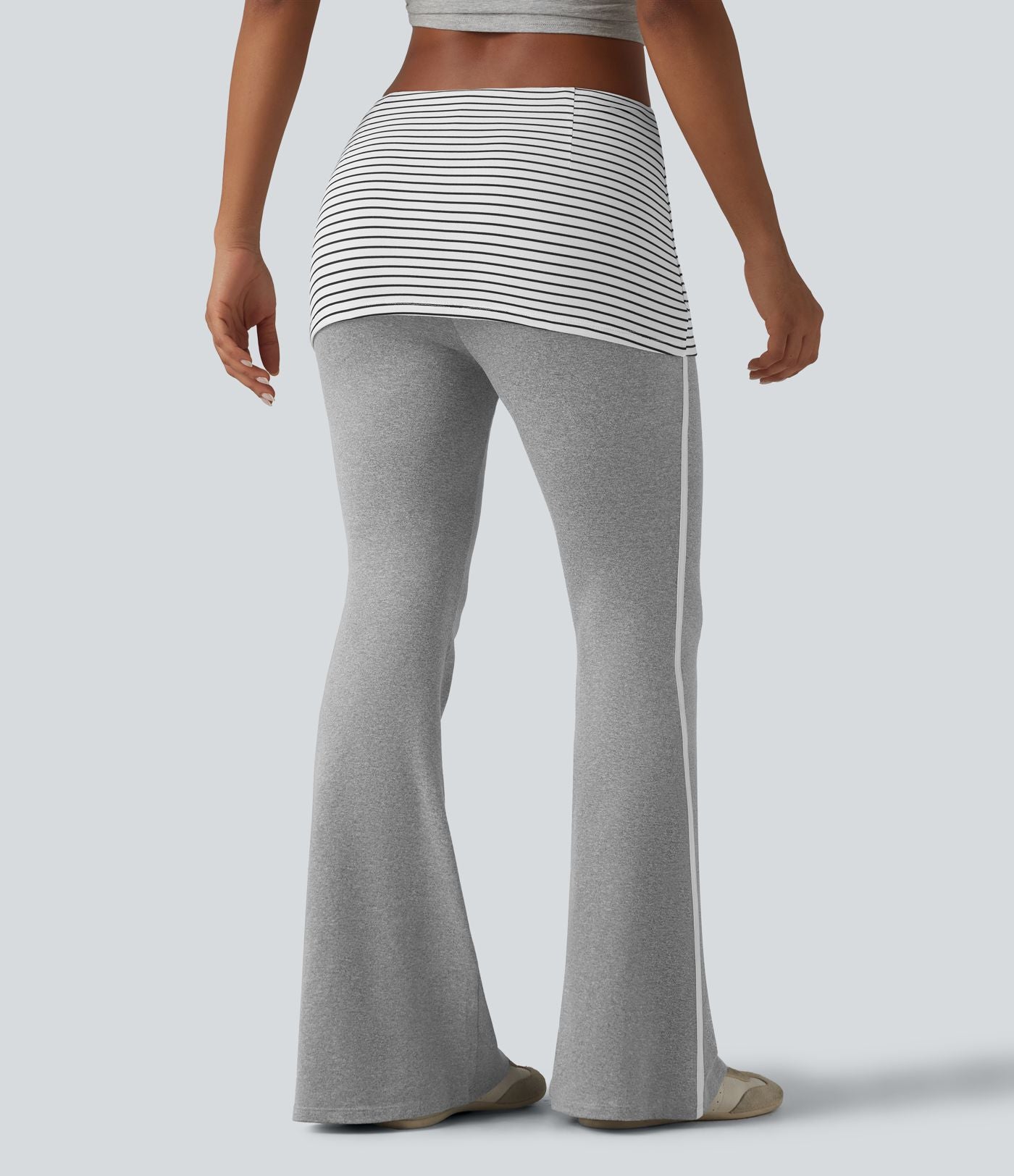 Pantalon évasé casual taille mi-haute à rayures avec ceinture repliable