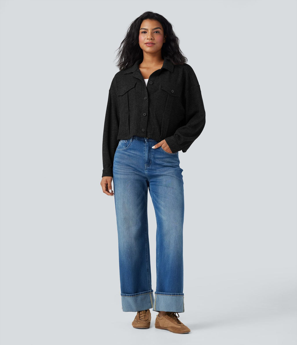 Veste décontractée maille gaufrée manches longues avec poches
