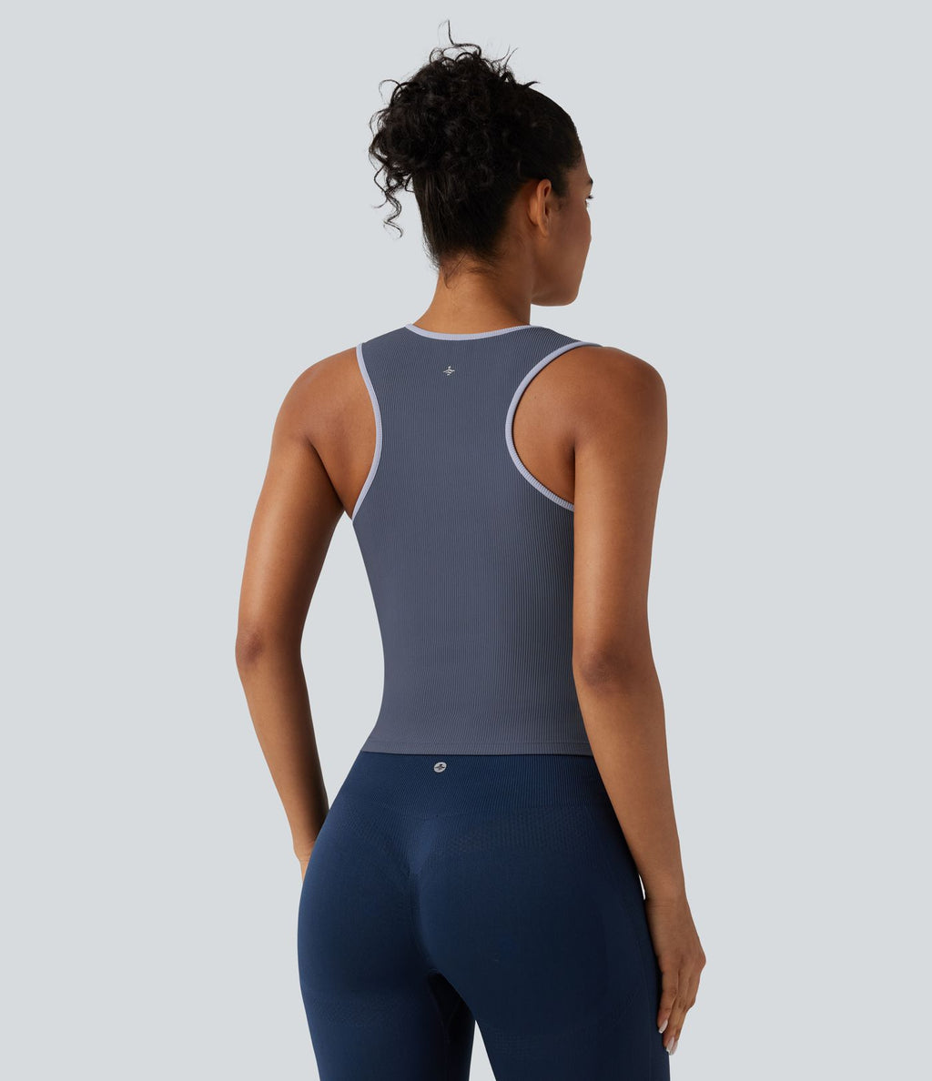 Débardeur de sport côtelé col rond color block avec découpe à l'avant