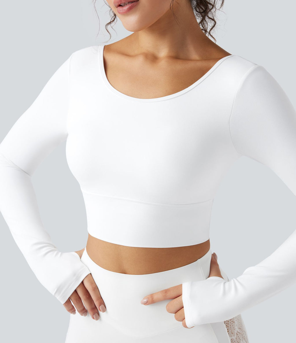 Haut de sport yoga court push-up à manches longues avec passants pouces et dentelle contrastée - UPF50+ SoftlyZero™