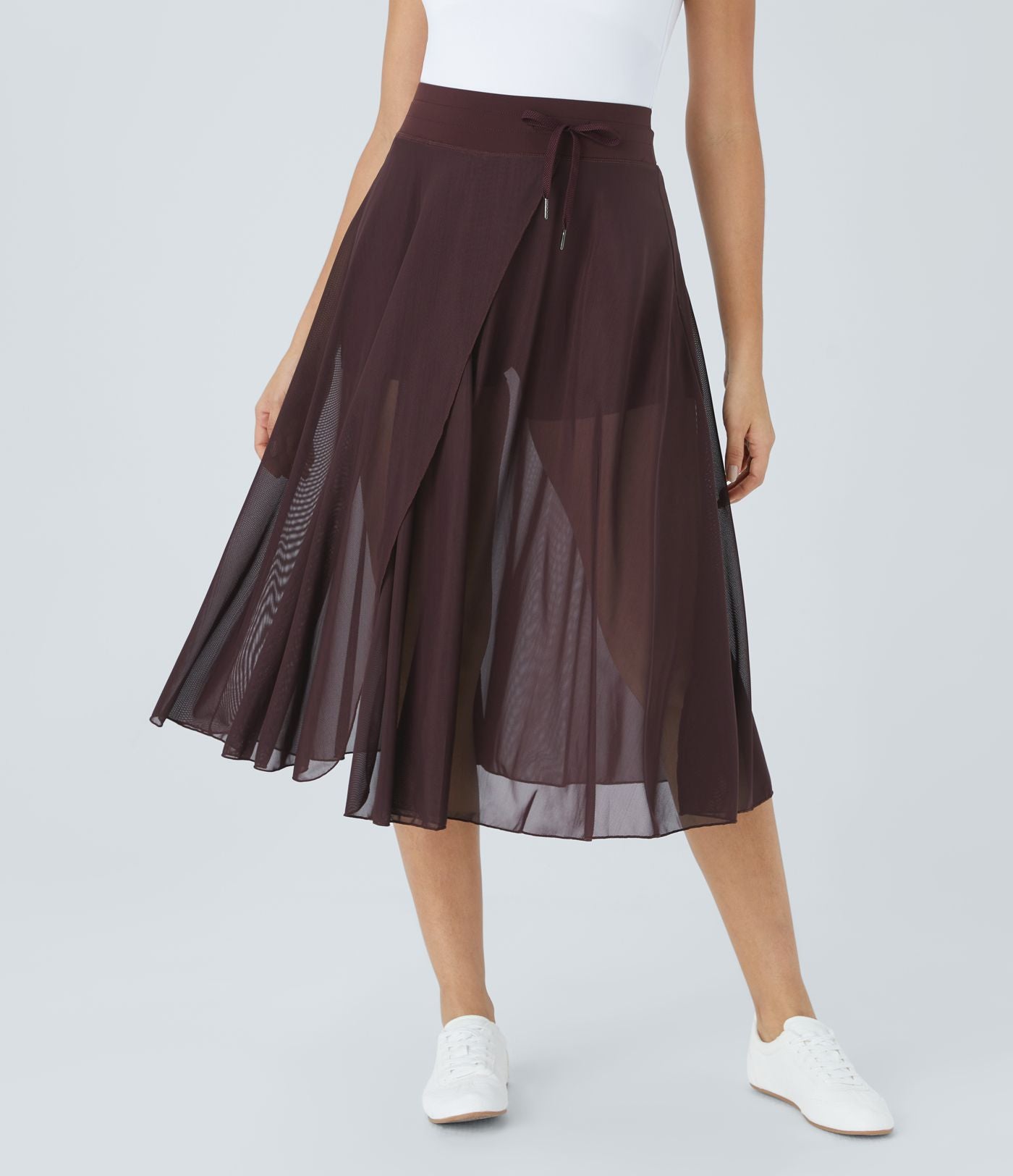 Jupe Casual Évasée Mesh Mi-Longue Fuide 2 en 1 Contrastée Taille Haute Cordon Poche Latérale