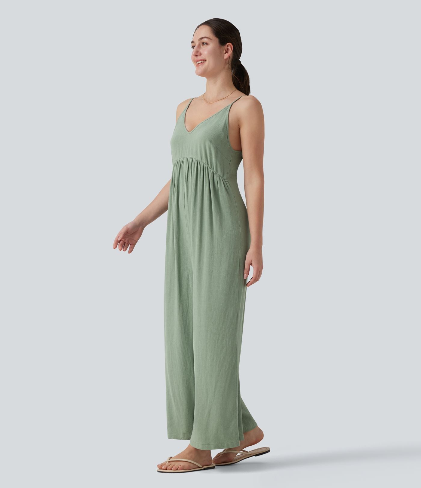 Combinaison casual large en lin sans manches, dos nu avec bretelles réglables et lien dans le dos