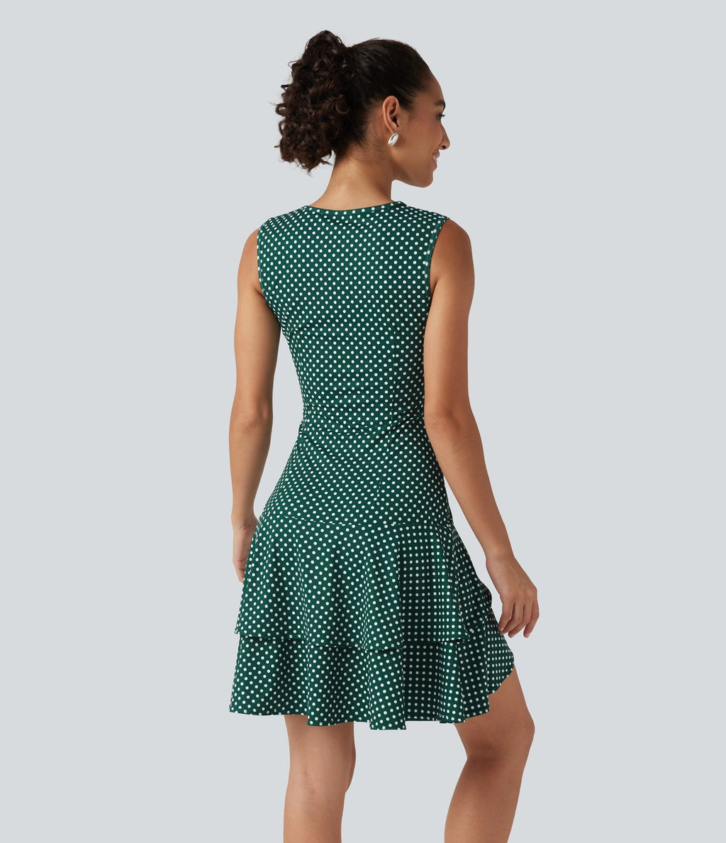 Robe mini casual à pois col rond sans manches ourlet à volants superposés
