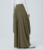 Pantalon décontracté drapé à poches multiples et taille moyenne, jambe large