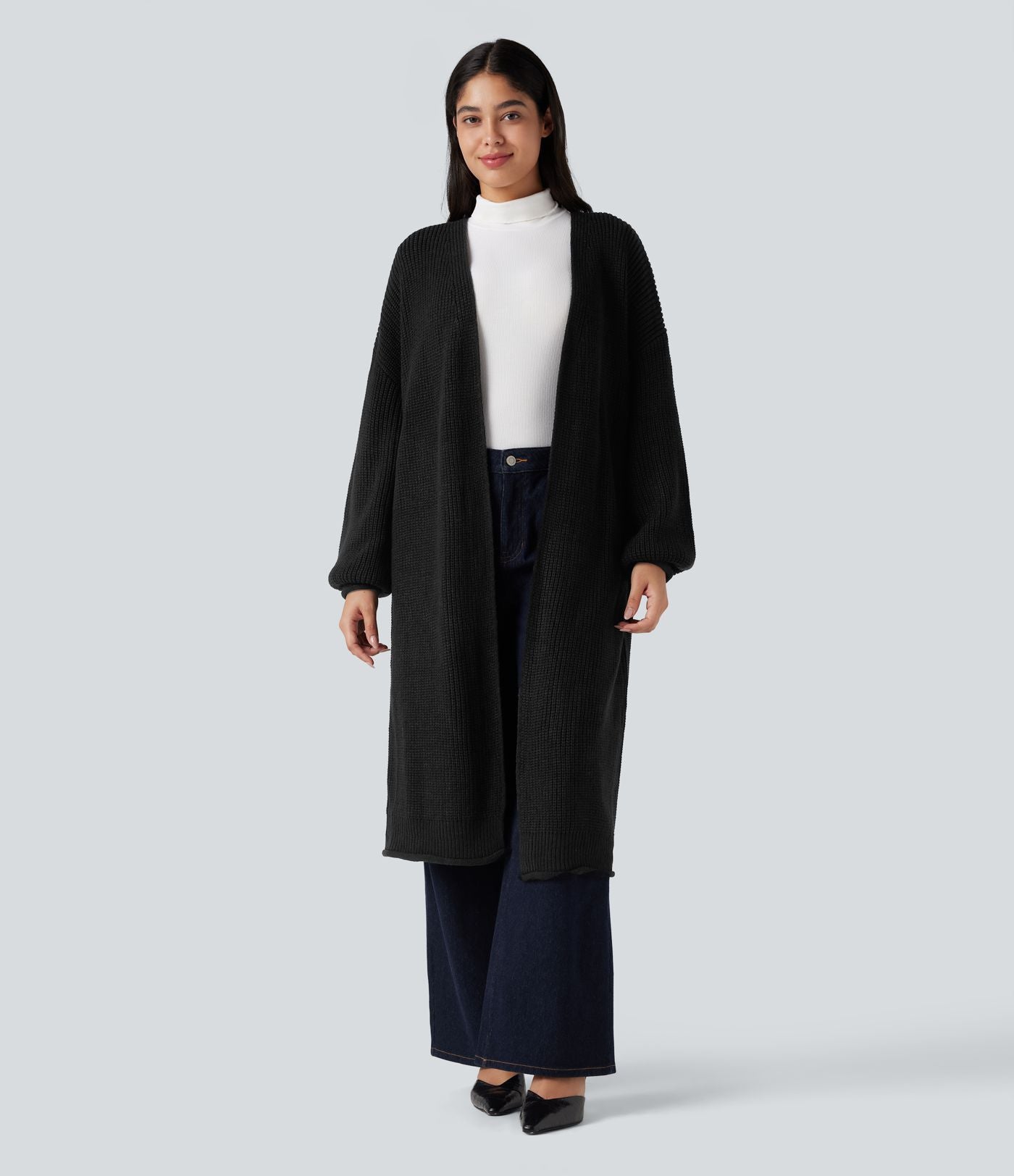 Cardigan de travail tricot ouvert manches longues coupe longue