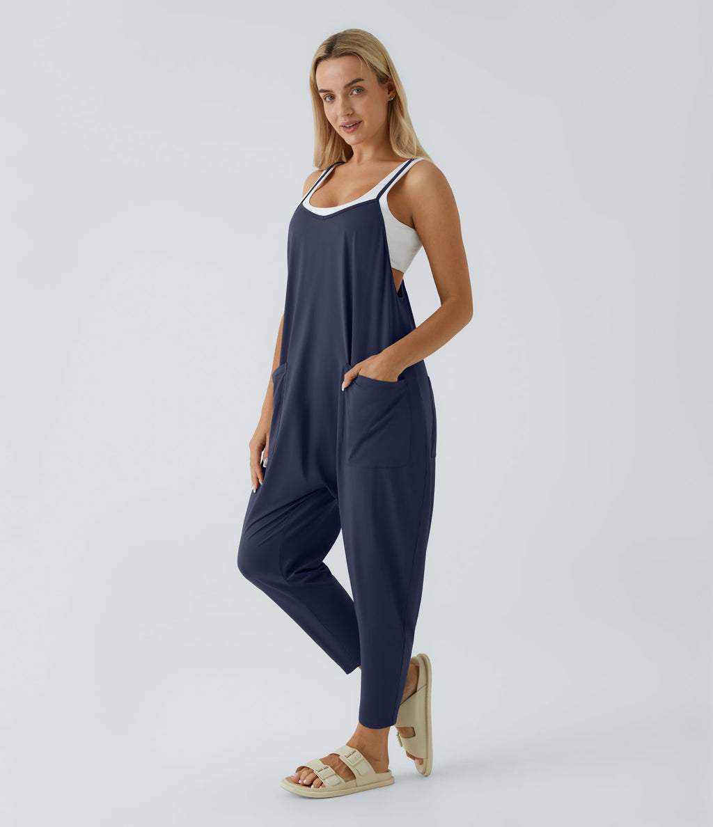 Combinaison Casual à Jambes Fuselées Chevilles Lâche Dos Nu Poches Multiples