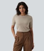 Pull tailleur ajusté col rond manches courtes mélange soie-laine