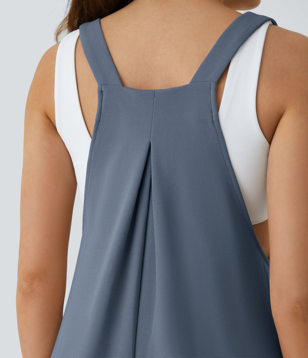 Salopette Casual Bretelles Ajustables Boutonnés Multiples Poches Plis et Tissu Gaufré