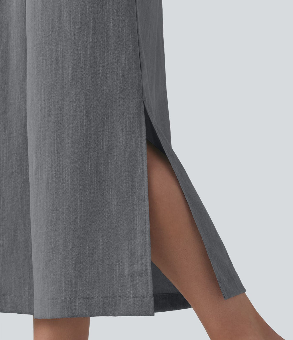 Pantalon ample court taille haute aspect lin avec fentes et poches