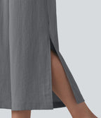Pantalon ample court taille haute aspect lin avec fentes et poches