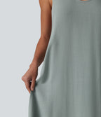 Robe maxi fluide de vacances en mélange de lin col U sans manches dos torsadé à poches