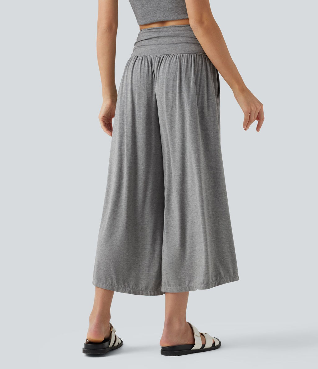 Pantalon casual 7/8 large taille haute à fronces avec poches