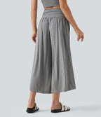Pantalon casual 7/8 large taille haute à fronces avec poches