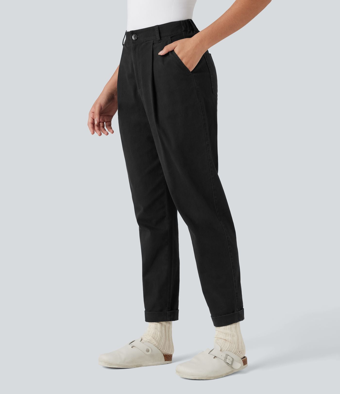 Pantalon chino coton fuselé taille haute avec poches