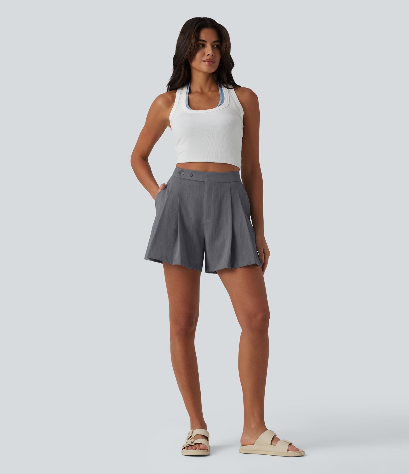 Short tailleur casual aspect lin à plis taille haute 12,5 cm avec poches