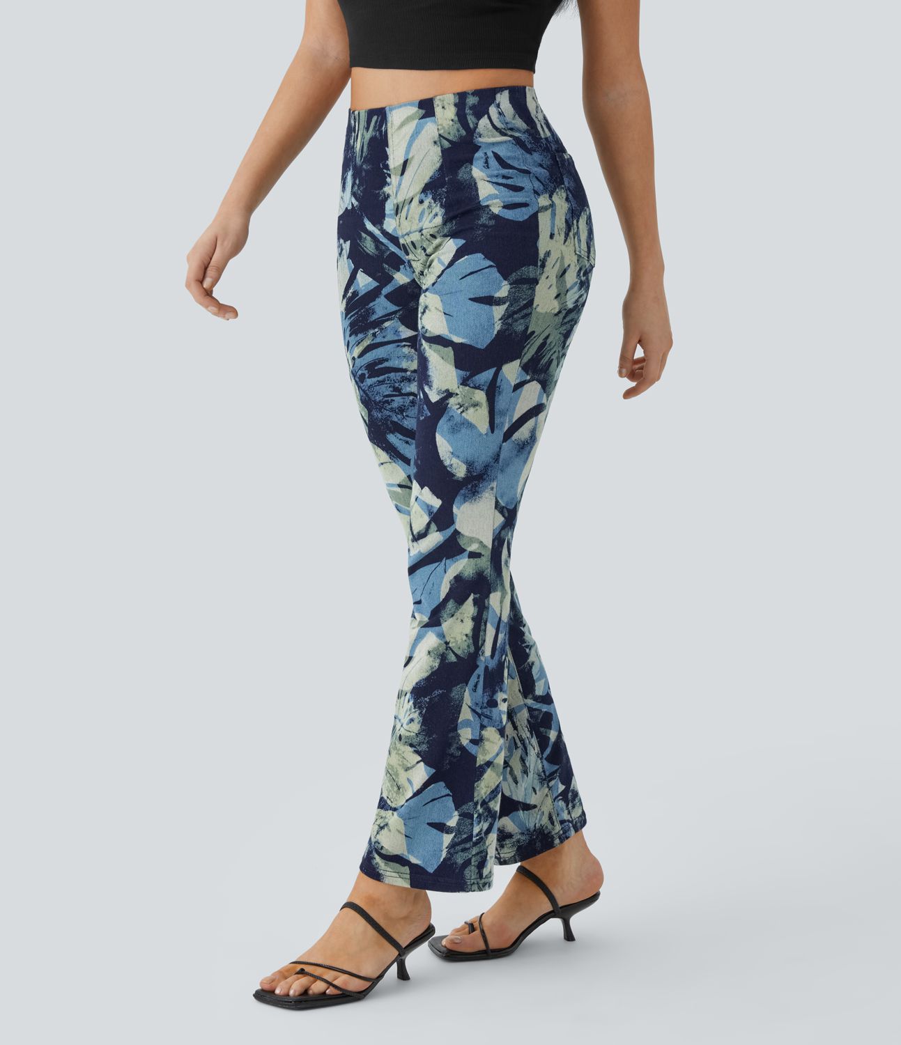 Halara Flex™ Legging Casual Taille Haute en Denim Tricoté Extensible avec Imprimé Floral Poche Arrière Effet Léger Évasé et Taille Élastique