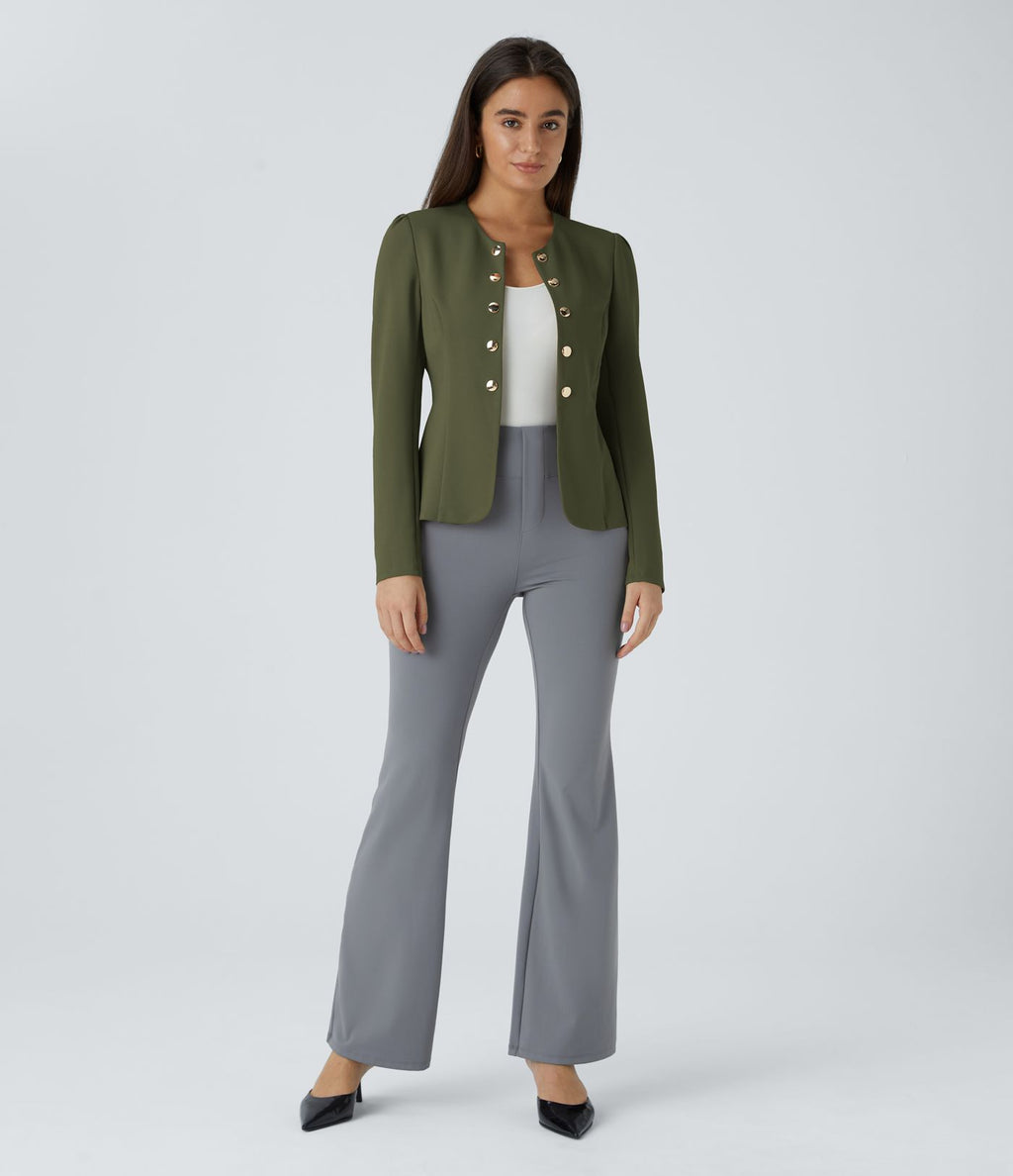 Blazer tailleur ajusté à col rond, manches longues avec boutons décoratifs