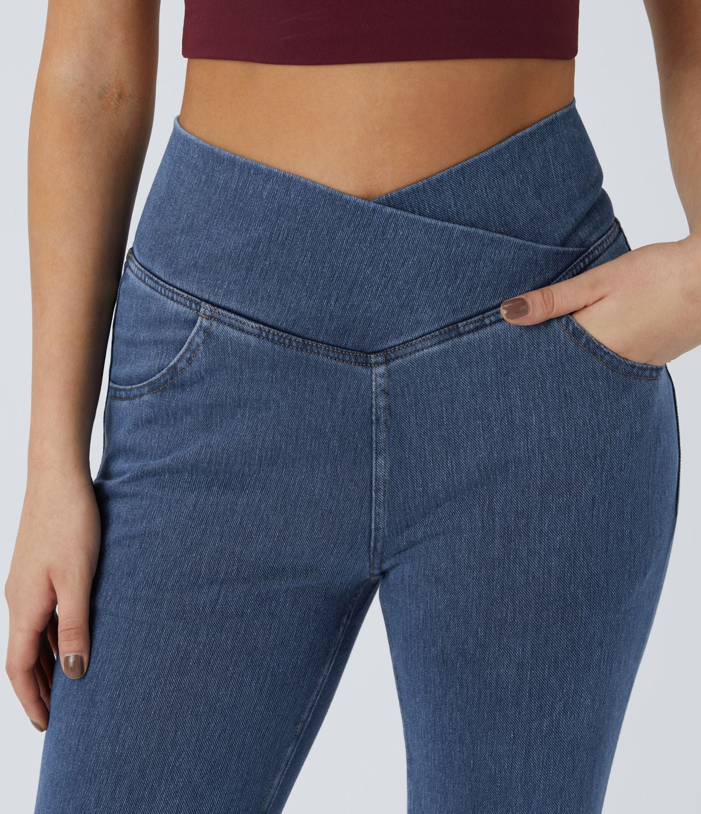 Halara Flex™ - Jean Ultra Evasé Tricot Extensible Lavé Poches Croisées Taille Haute