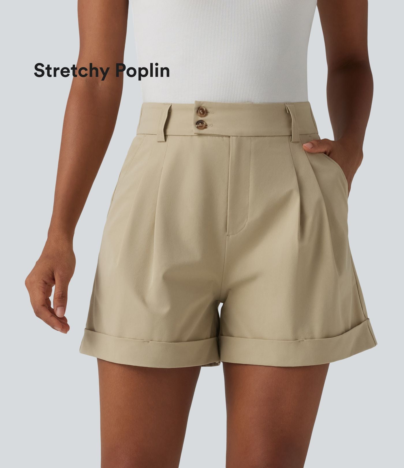 Short tailleur large en popeline stretch plissé taille haute avec ourlet roulotté et poches