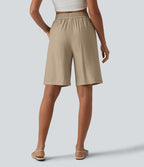 Short décontracté taille haute en lin mélangé avec cordon de serrage et poches, 25 cm