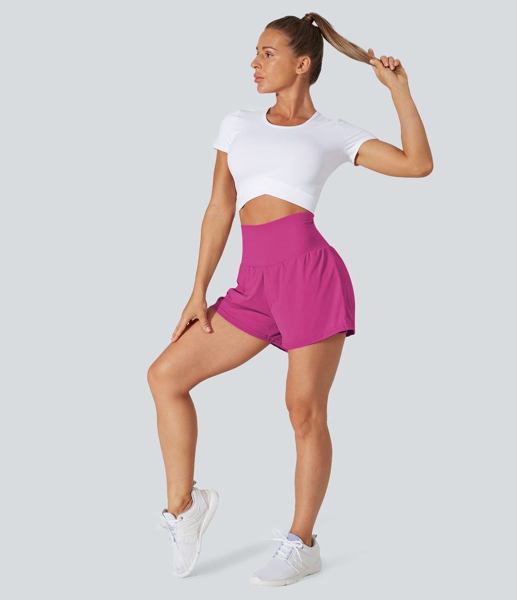 Short 7,5cm Yoga 2 en 1 Super Taille Haute Poches Arrière Poches Cachées Latérales