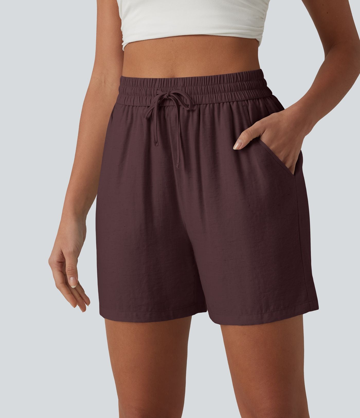 Short décontracté ample en lin mélangé taille haute avec cordon de serrage, 12,5 cm, et poches