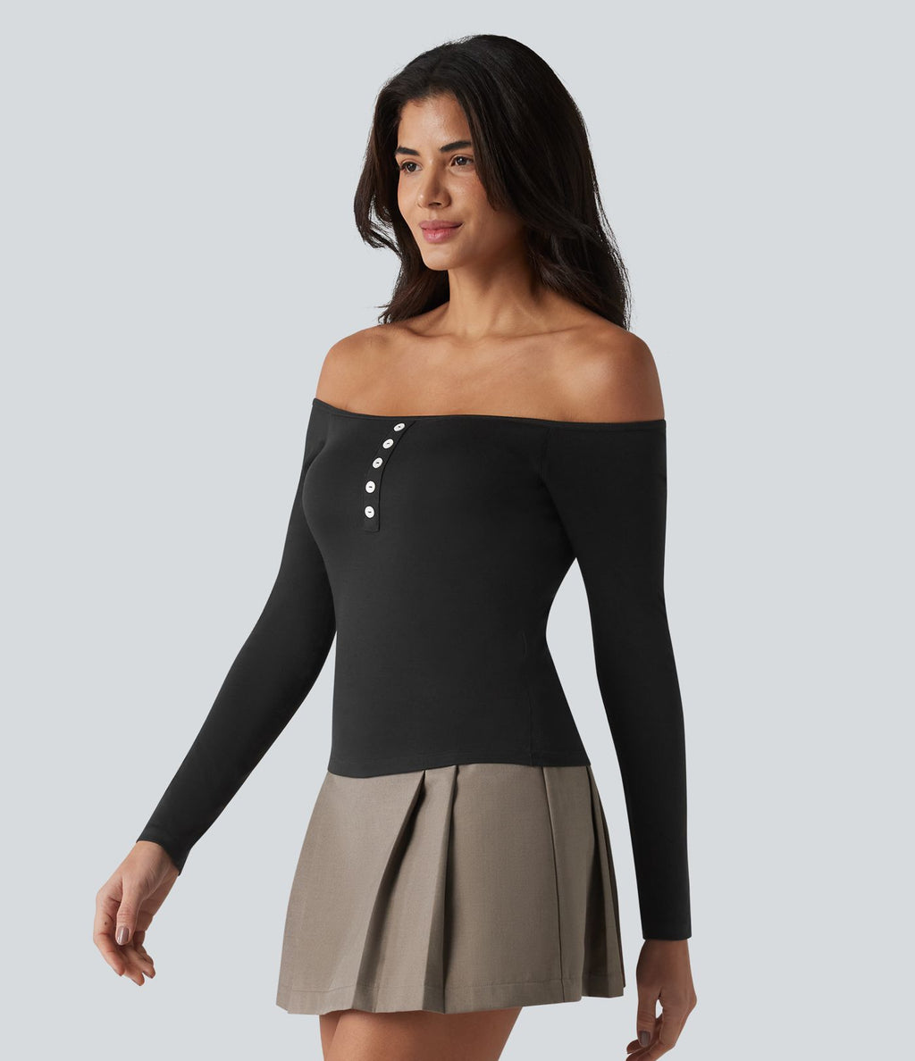 T-shirt casual ultra-ajusté côtelé épaules dénudées à manches longues avec soutien-gorge intégré