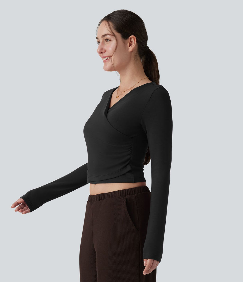 Top réchauffant casual Halara HeatCore col V manches longues croisé avec fronces