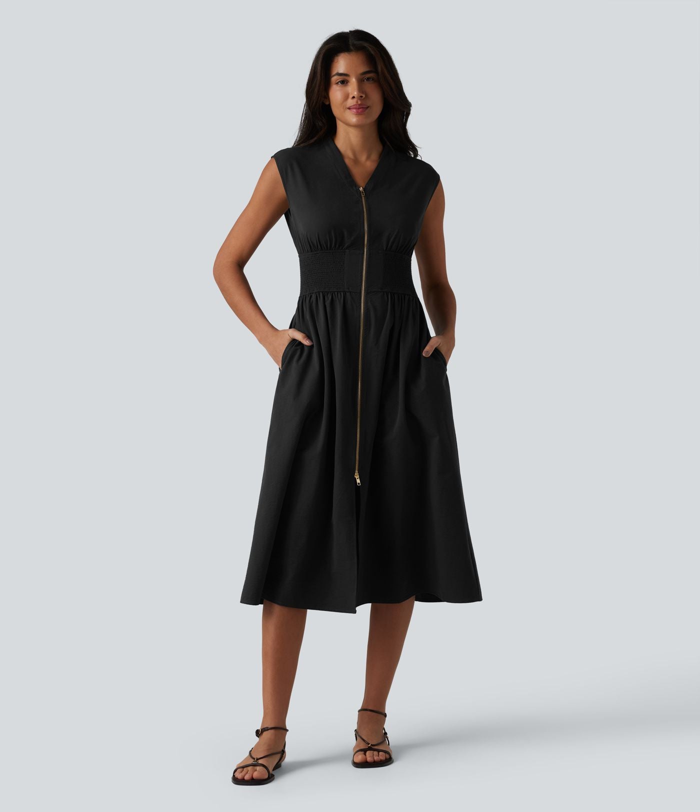 Robe tailleur midi col V sans manches fermeture éclair bidirectionnelle avec poches