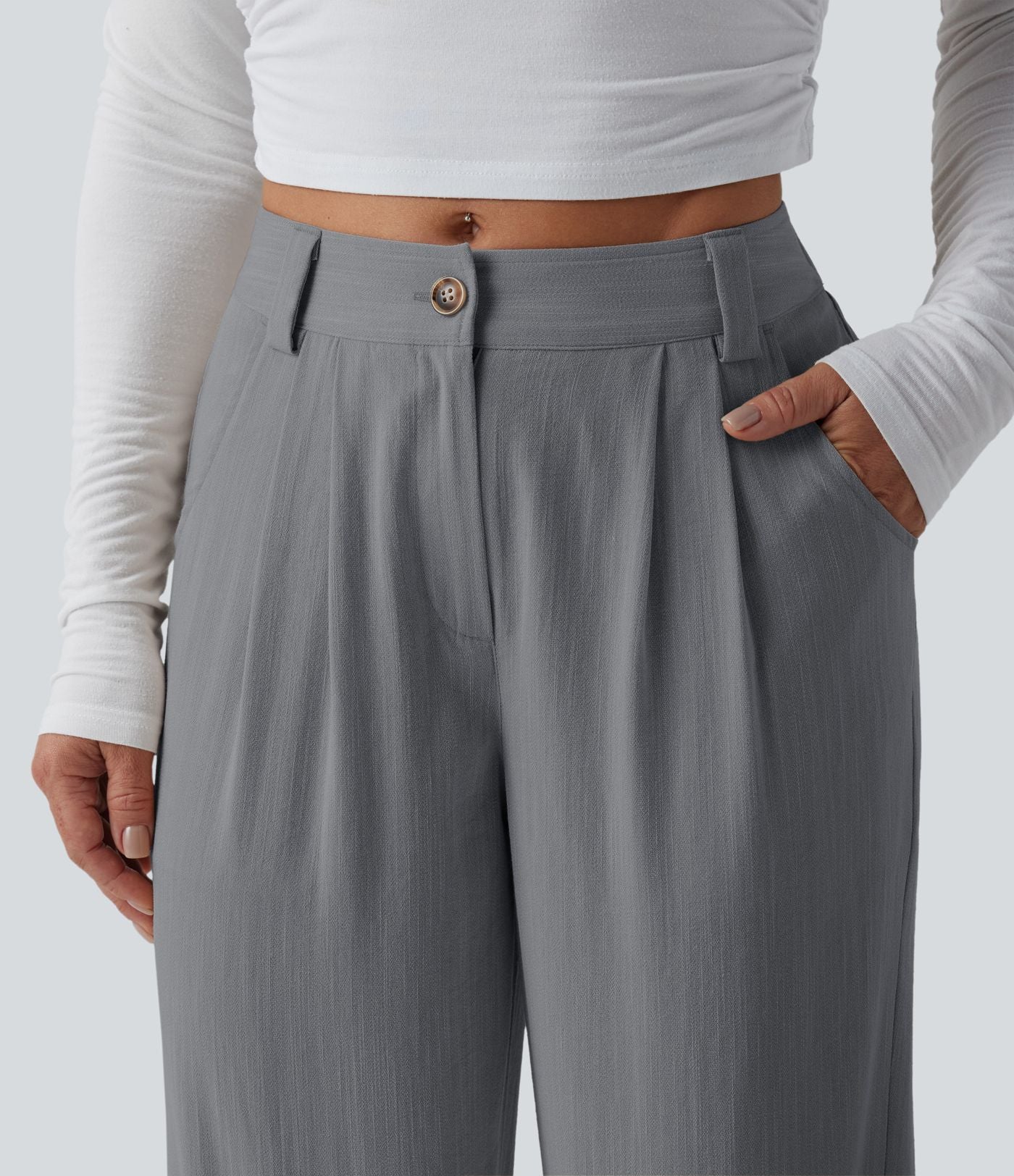 Pantalon décontracté mi-taille effet lin avec poches