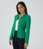 Blazer tailleur ajusté à col rond, manches longues avec boutons décoratifs