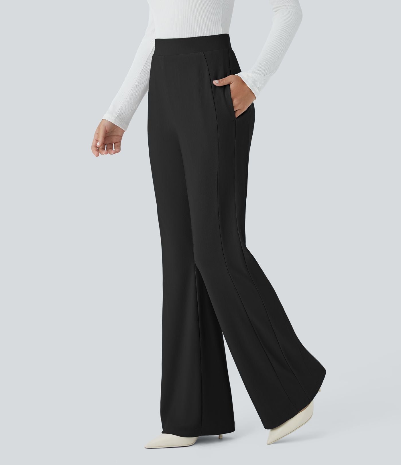 Halara Flex™ Pantalon tailleur taille haute, poches latérales, léger évasé, en tissu micro gaufré
