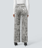 Pantalon Casual en Velours Taille Haute avec Bouton Multipoches Droites