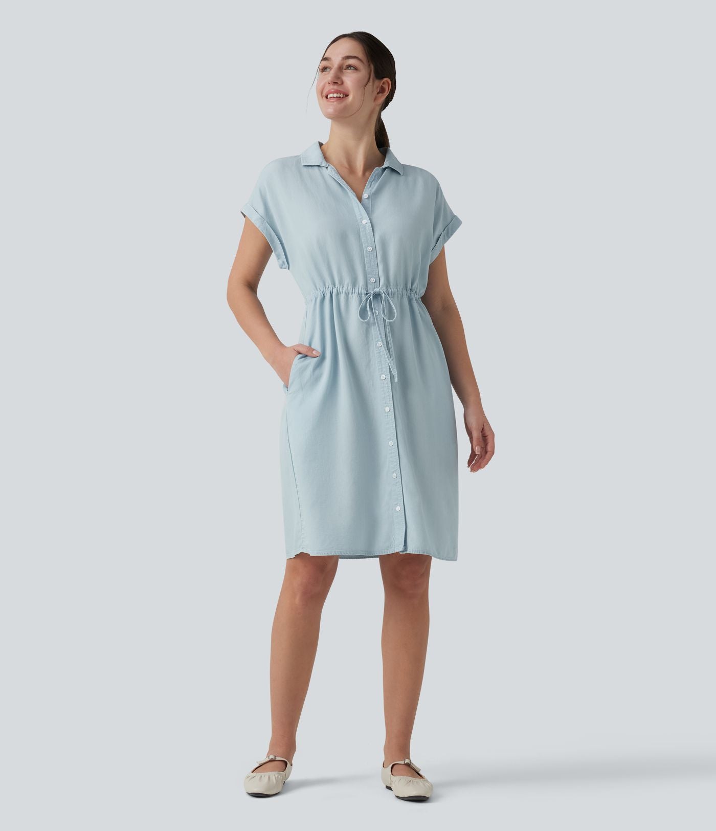 Robe-chemise casual denim en lyocell drapé à col, cordon de serrage, braguette boutonnée et poches
