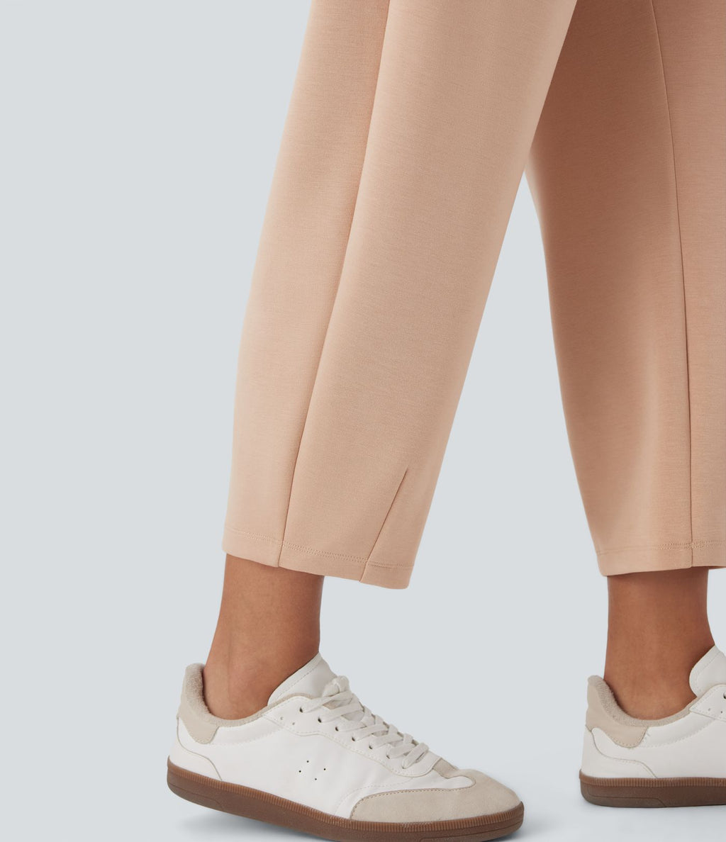 Pantalon décontracté taille haute coupe tonneau avec poches