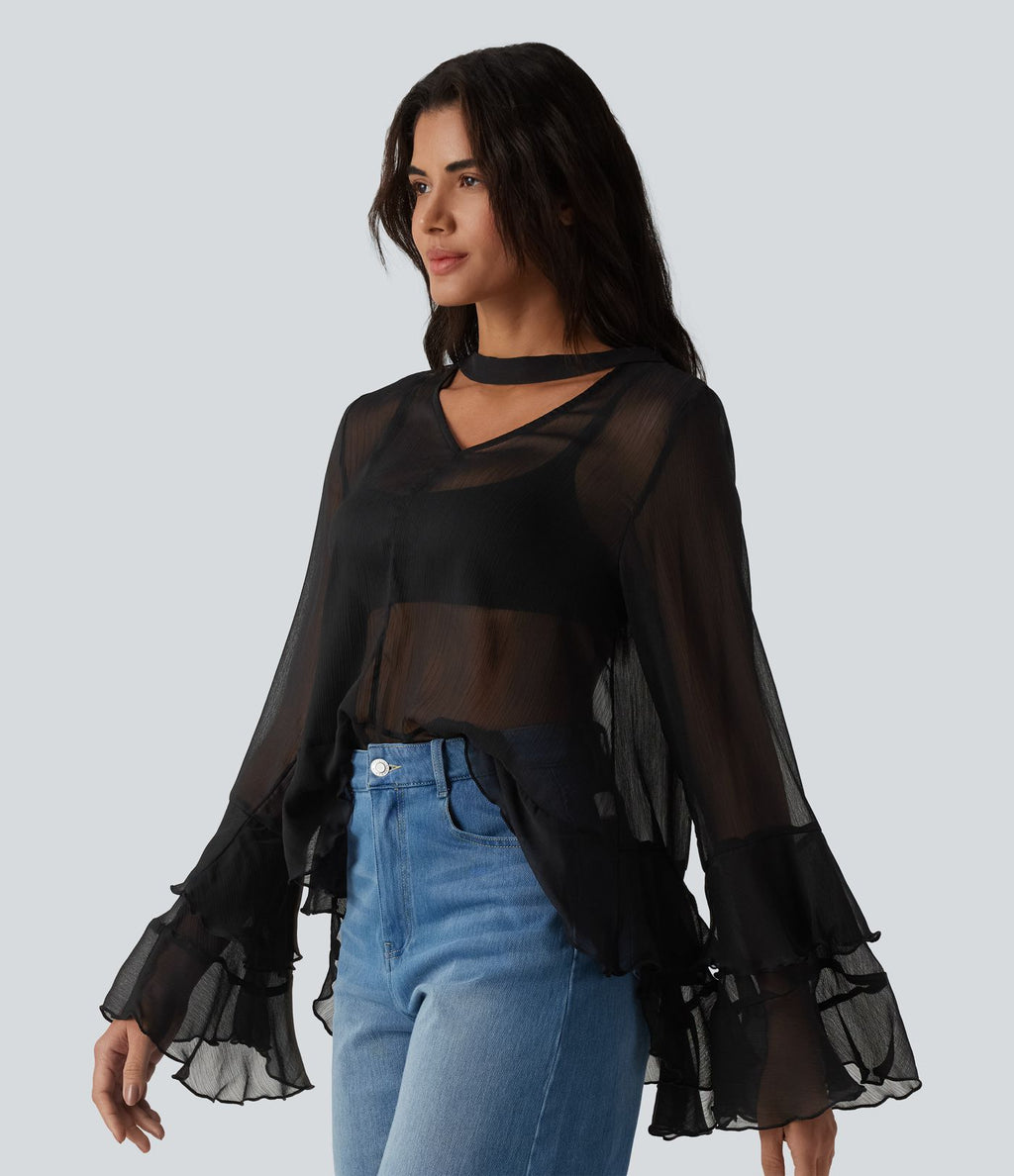 Chemise casual transparente col V manches longues à volants