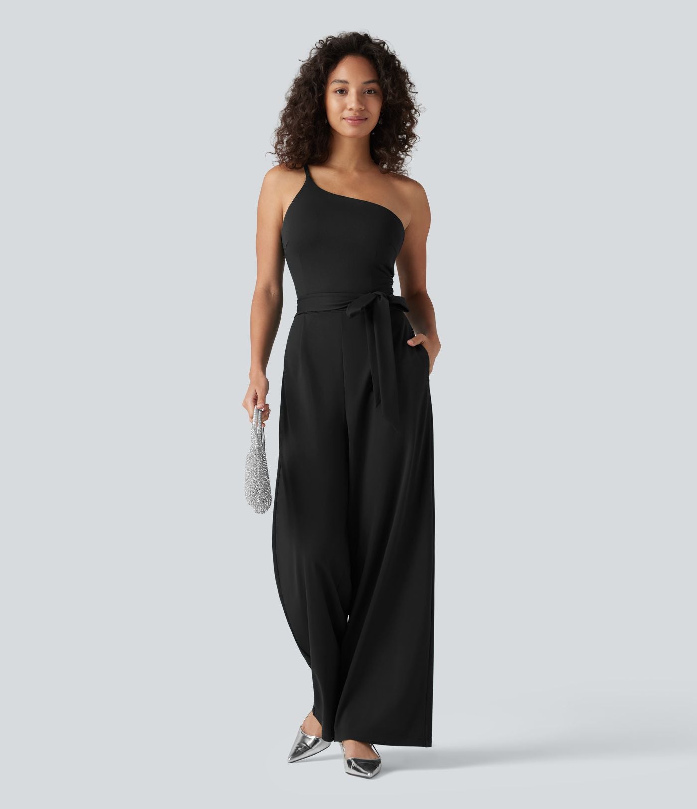 Combinaison de soirée asymétrique sans manches, ceinturée, avec soutien-gorge intégré et poches - Easy Peazy