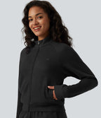 Veste casual côtelée à col montant, manches longues et fermeture zippée avec poches