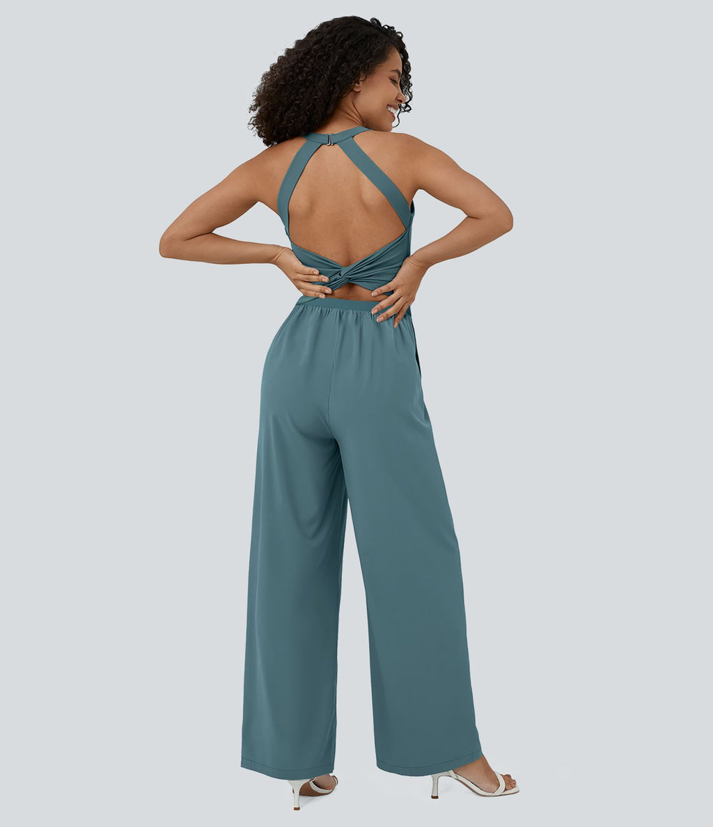 Breezeful™ Combinaison Yoga Fluide Sans Manches Dos Nu Découpée et Torsadée avec Poches Latérales Séchage Rapide