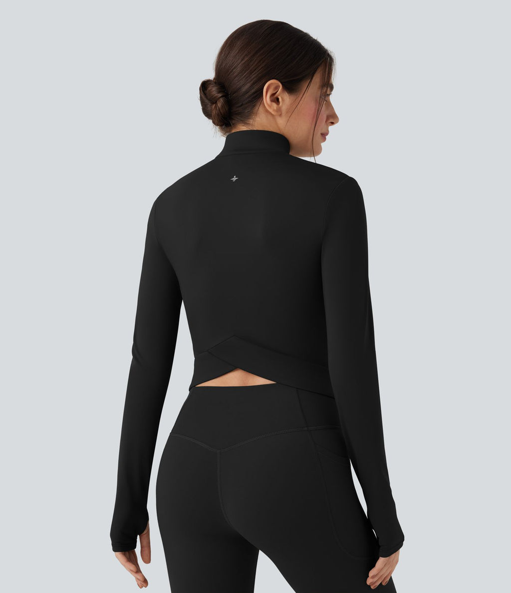 Veste yoga SoftlyZero™ Plush col montant manches longues avec trous pour pouces et dos croisé