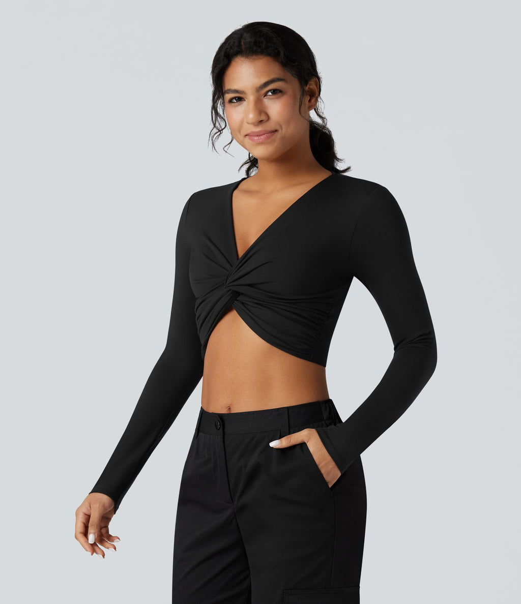 Top de sport yoga SoftlyZero™ Plush court col V profond torsadé manches longues