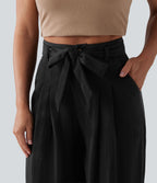 Pantalon casual ample taille haute aspect lin avec ceinture et poches