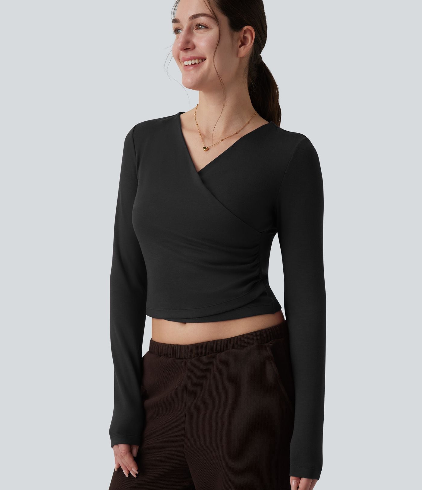 Top réchauffant casual Halara HeatCore col V manches longues croisé avec fronces