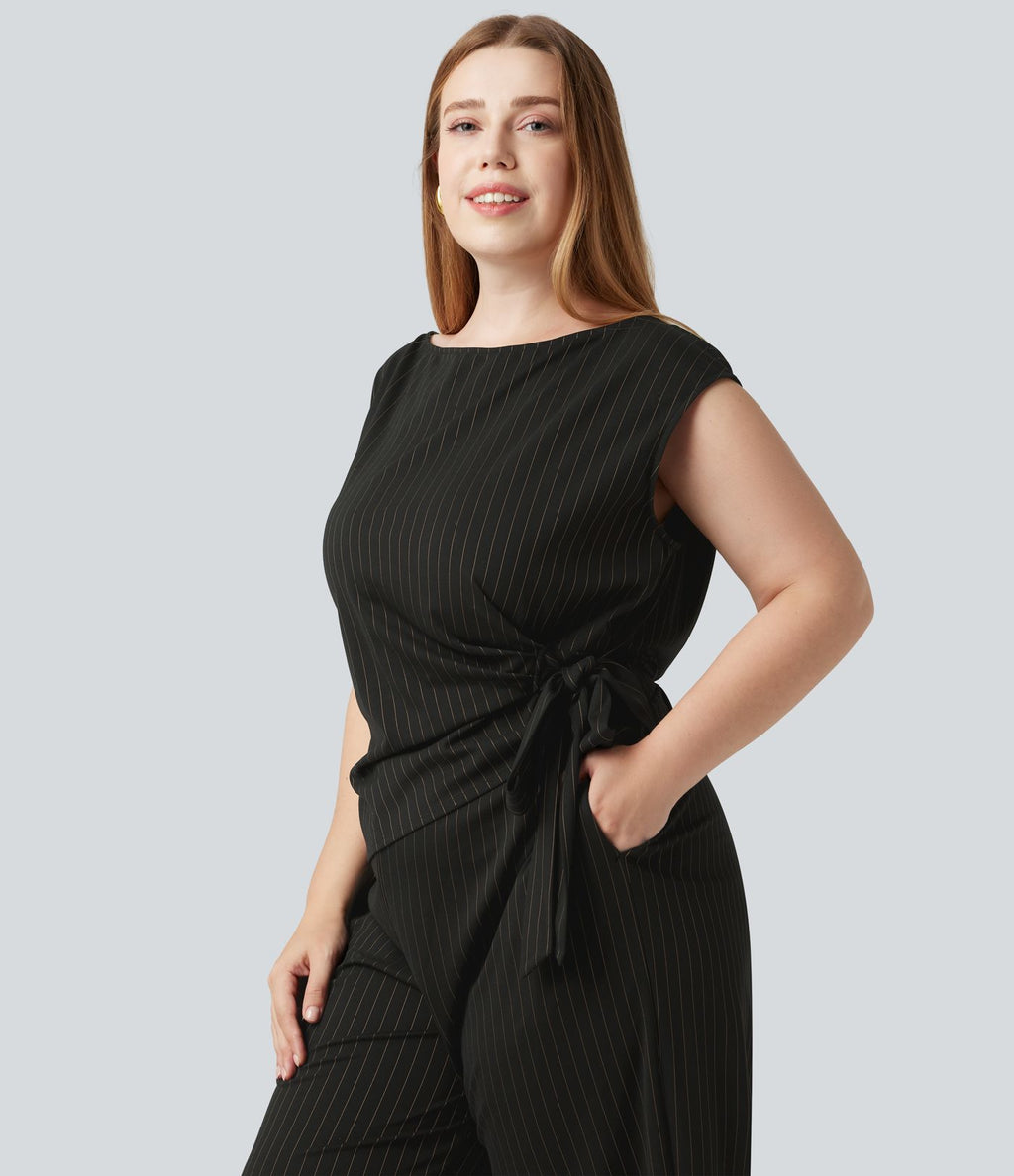 Combinaison grande taille rayée effet frais InstantCool à col bateau pour le bureau avec nœud sur le côté, poches et accès facile Easy Peasy