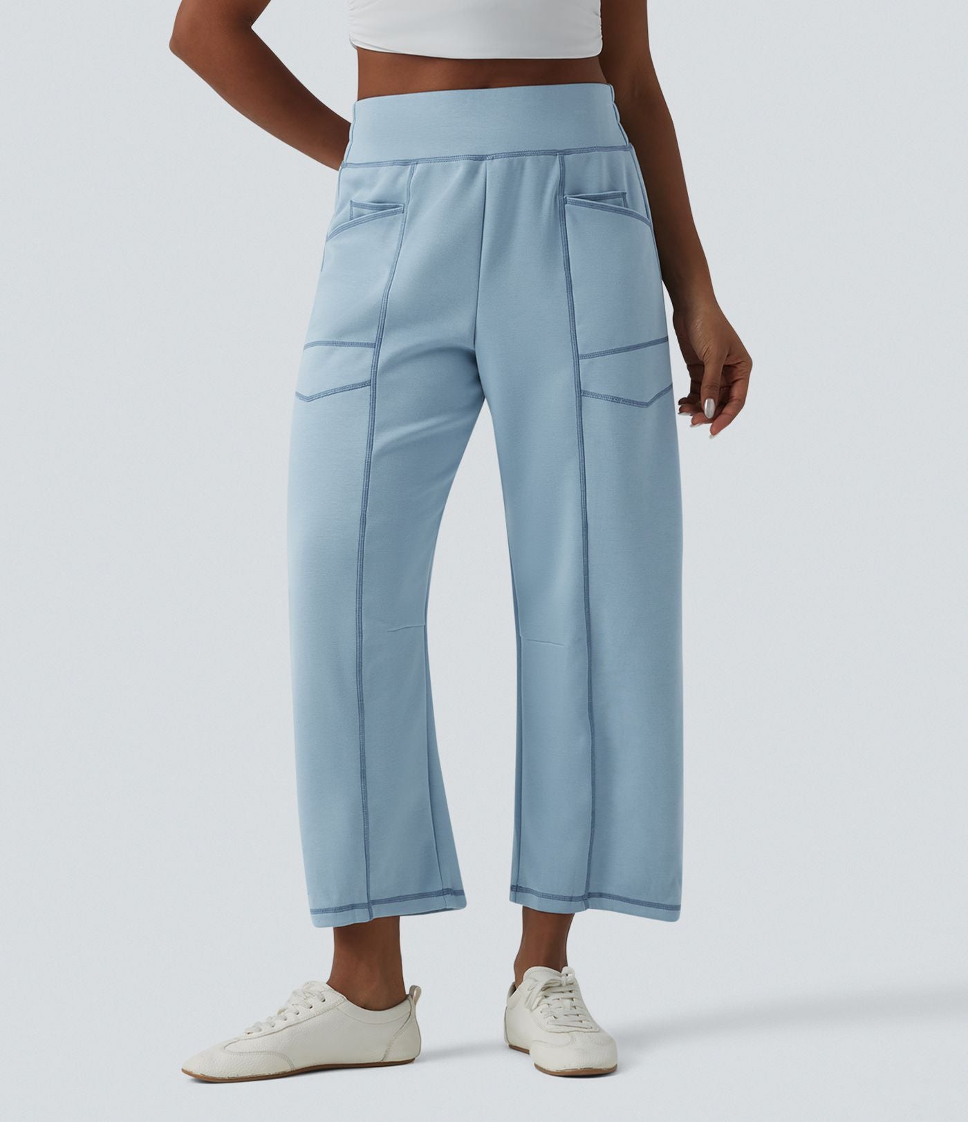 Jogging casual taille haute coupe barrel color block surpiqûres avec poches