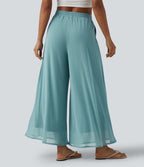 Pantalon large fluide décontracté mesh taille haute avec cordon de serrage et poches