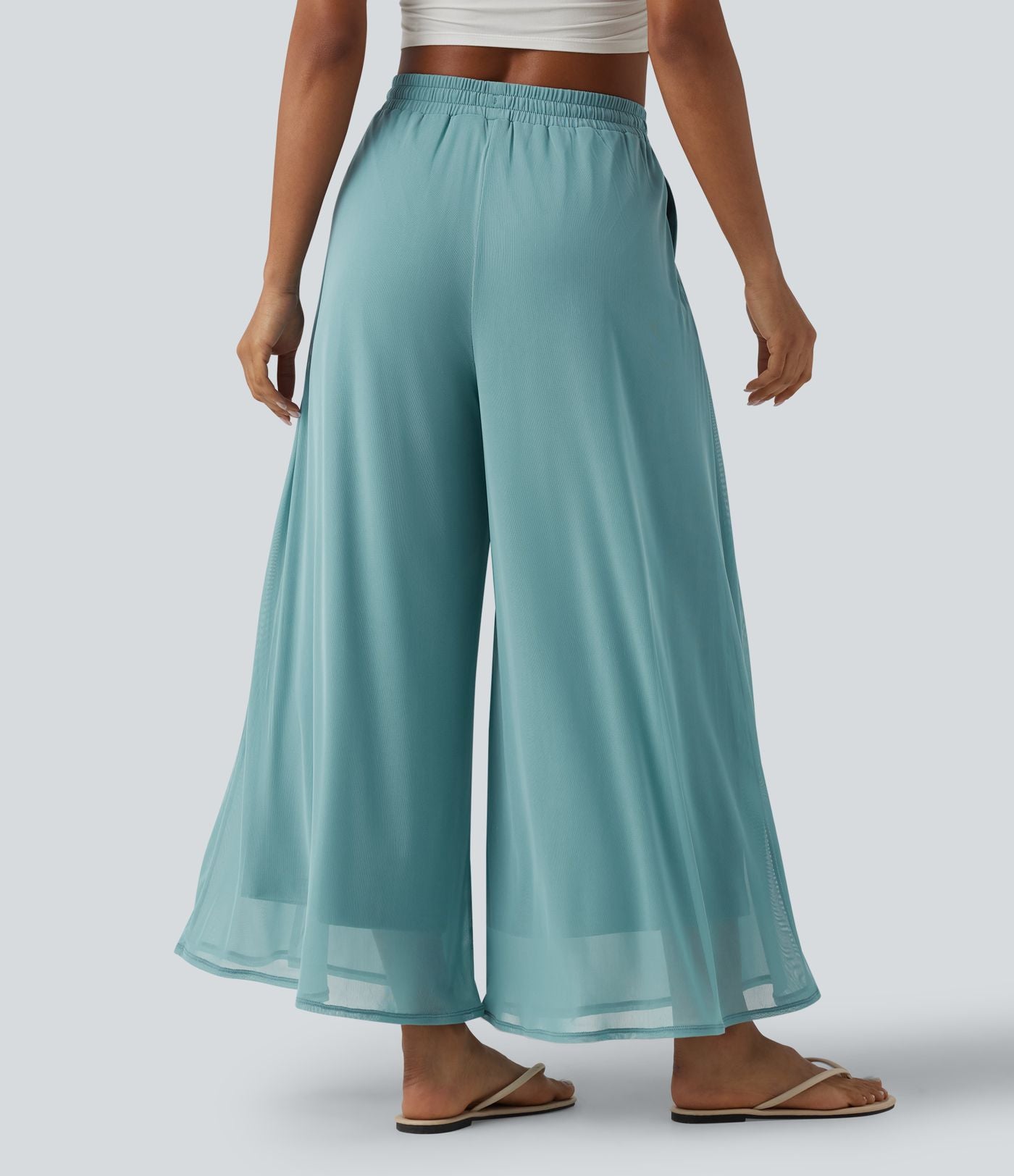 Pantalon large fluide décontracté mesh taille haute avec cordon de serrage et poches