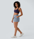 Short 7,5cm Casual à Taille Moyenne avec Ceinture Élastique Cordon de Serrage et Poches Latérales Ruchées