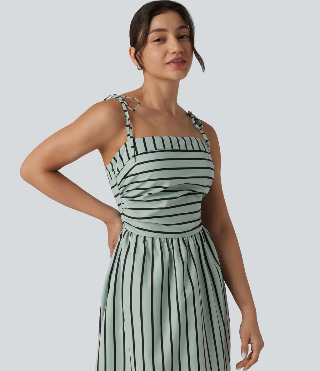 Robe midi rayée bretelles fines avec laçage et poches